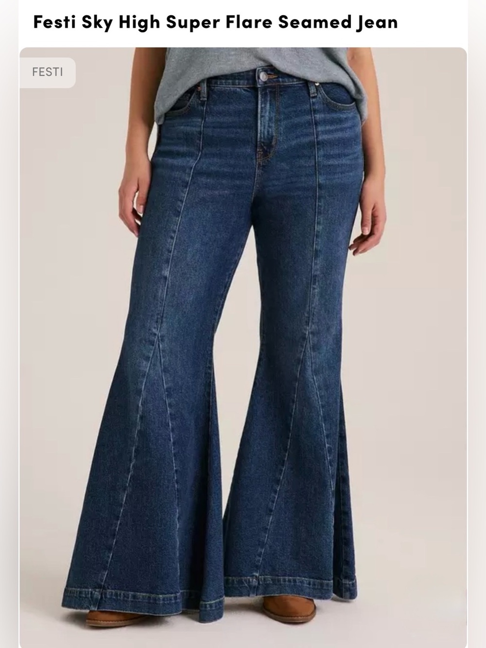 Festi Dark Blue High Rise Super Flare Seamed Jeans, Size 14